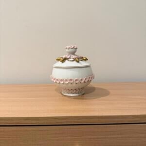 Vintage 5" Italian Flower Pink Gold Ceramic Lidded Trinket Box Candy Dish